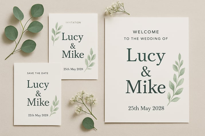 A flat lay of a wedding invitation a save the date card and a welcome sign withLucy  Mike 25th May 2028 as the wording-1